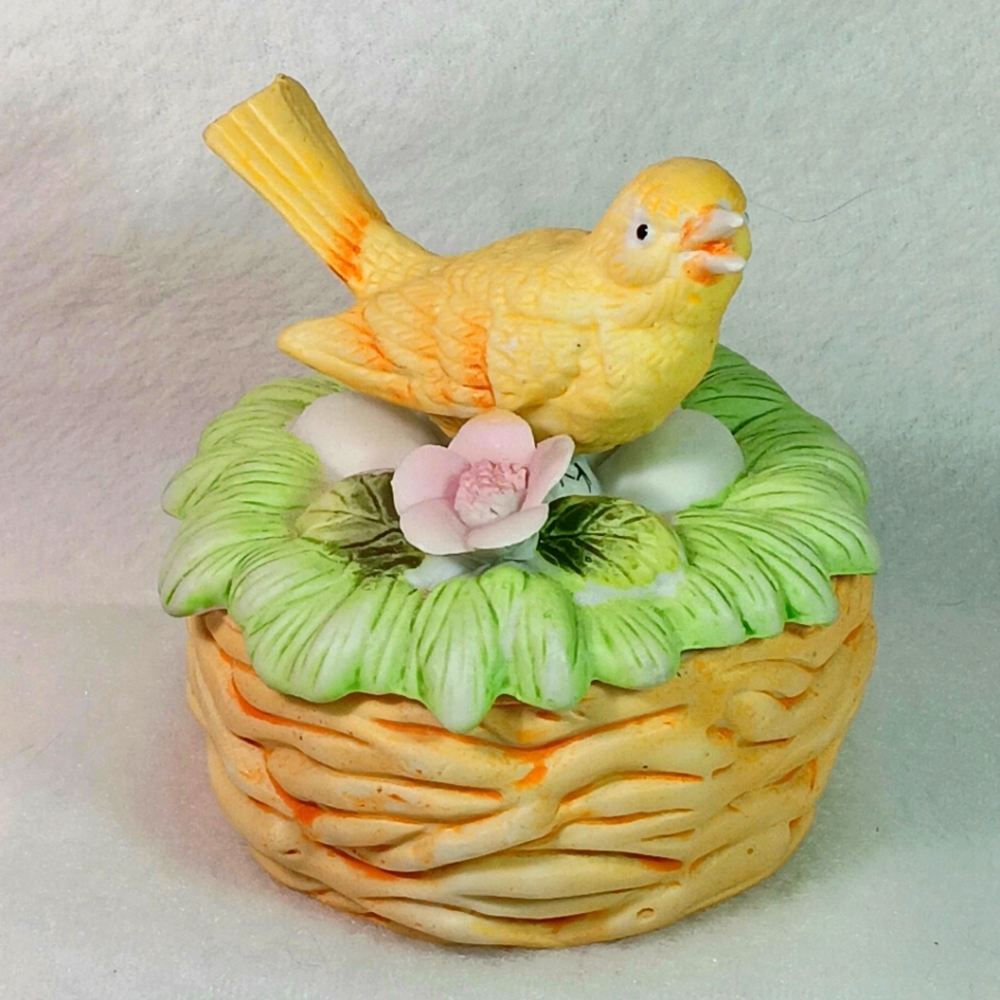 Porcelain Trinket Box Yellow Bird on Nest Pink Flower